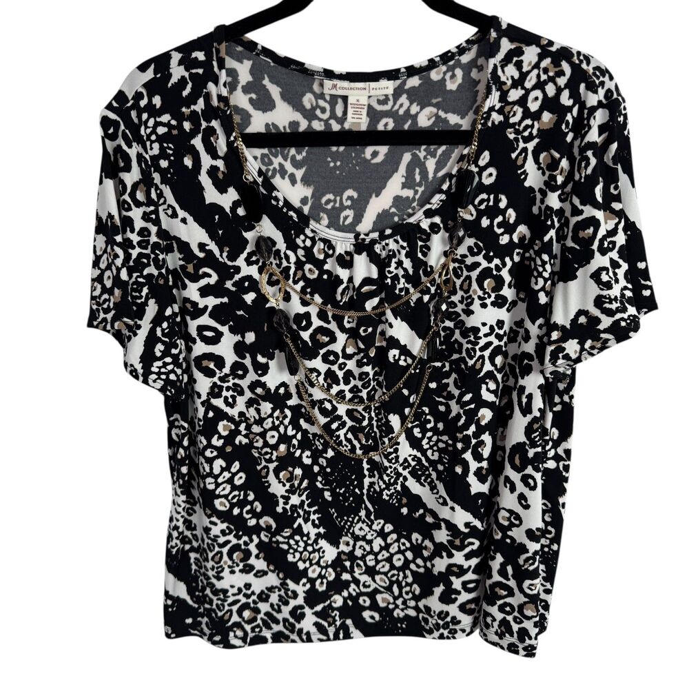 Dressbarn Womens Top Blouse Size XL Black & White Print w/Necklace Short Sleeve